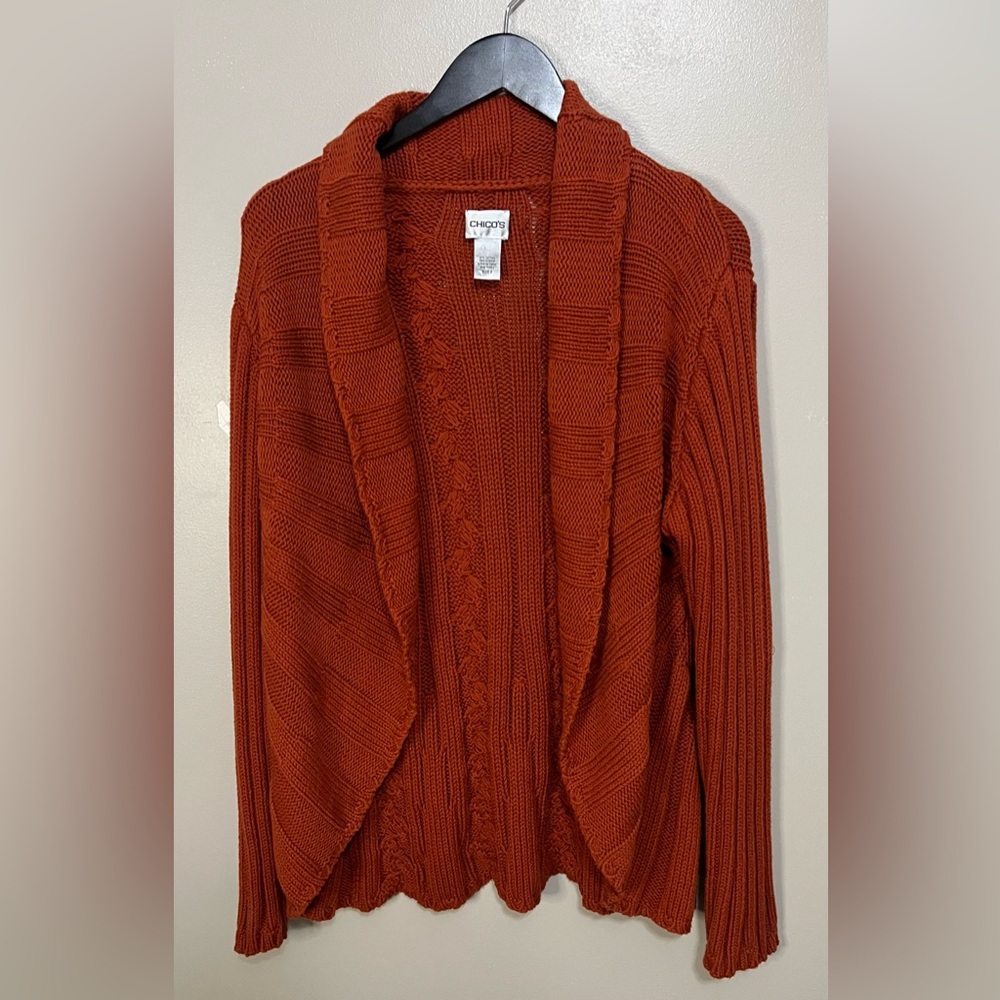 Chicos Chunky Cable Knit Ribbed Open Cardigan Burnt Orange Size 2 (large)